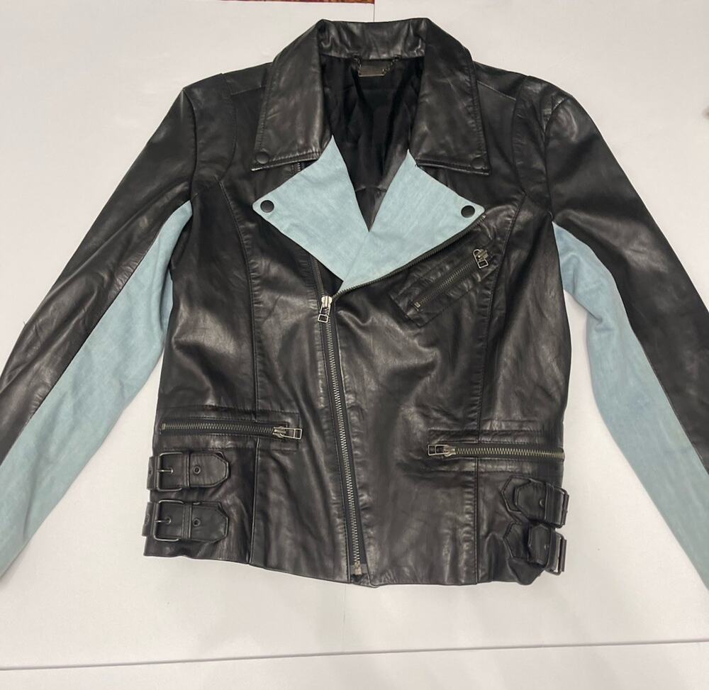 Capulet Womens Leather Jacket Black Blue Full Zip Pockets Denim Accent Collar M